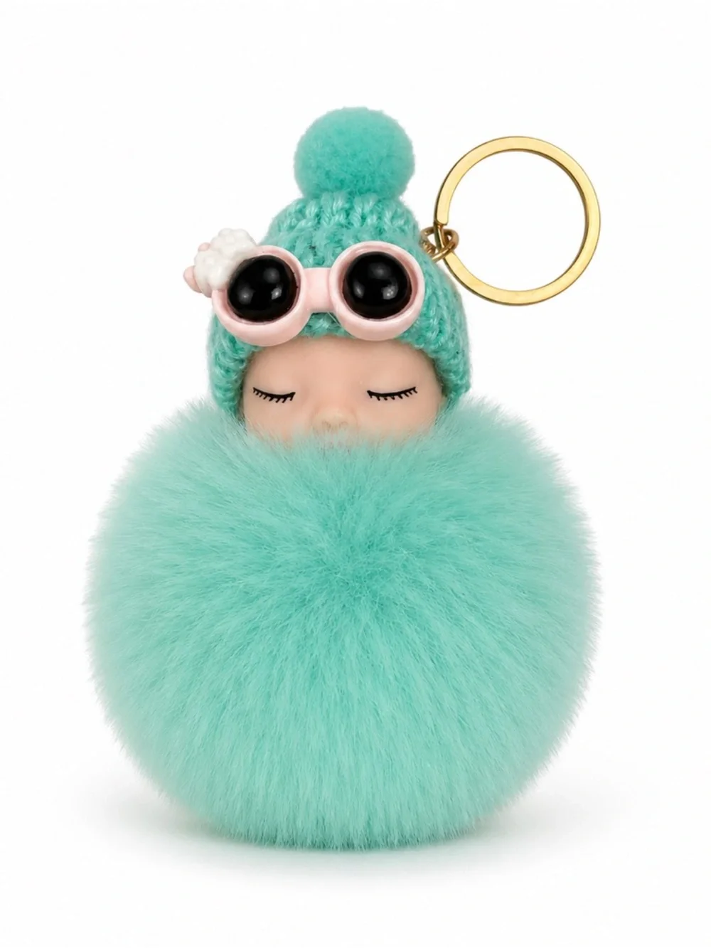 Sleeping Baby Faux Fur Pom Pom Keychain Purse Charm | 9 Colors